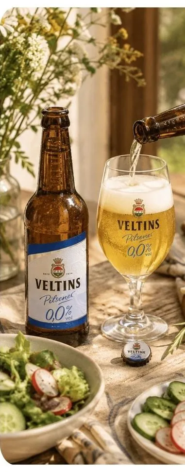 Veltins 0,0% servida en copa junto a una ensalada